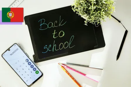 Back to school with a blackboard, a phone and plants