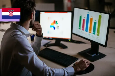 An adult looking at two computer screens displaying a pie chart and a bar chart