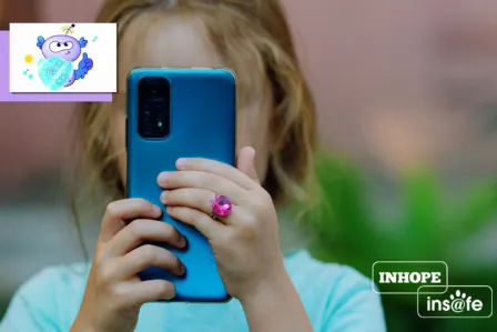 A young girl using a blue smartphone