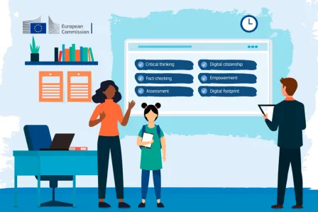 Two stylised teachers and a student with an interactive whiteboard