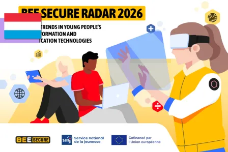 Cover illustration of the report featuring two stylised young people using a range of tech devices