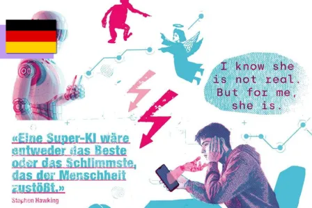 Artificial intelligence shaped like a robot, and a young person worrying over a mobile phone