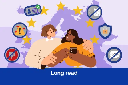 Europe map with a person helping the other on the phone in the foreground