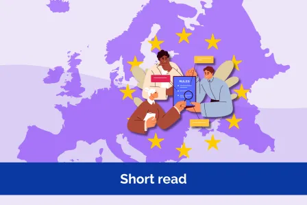 Europe map with people around a paper saying "Rules"