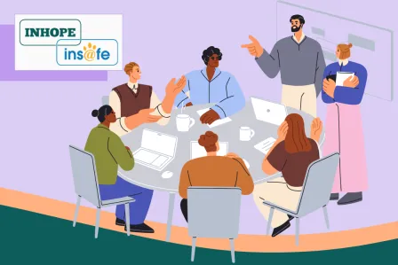 Illustration of a group of colleagues getting together to discuss, and the joint Insafe-INHOPE logos