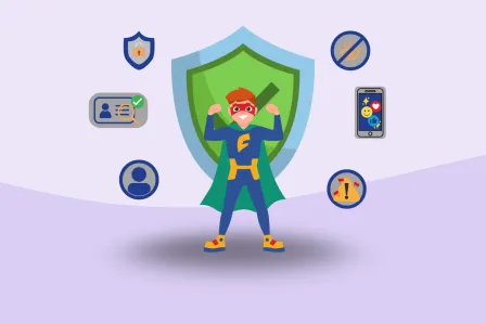 Young person dressed as superhero in front of a shield smiles, protected from different risks (like inappropriate content) symbolised by icons surrounding him