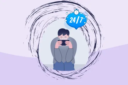 Cartoon illustration showing excessive use of technology by a boy on a phone