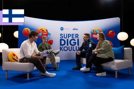 View of the stage during the digital lesson featuring two popular Finnish influencers and two members of SIC Finland