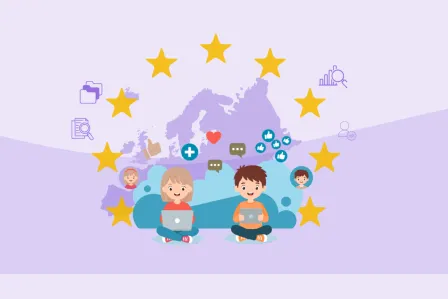 The EU flag on the background with two children using laptops