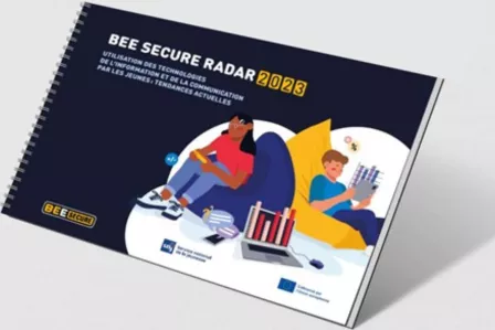 Visual identity of Bee Secure campaign, a bee buzzing around a young cartoon man surfing the net