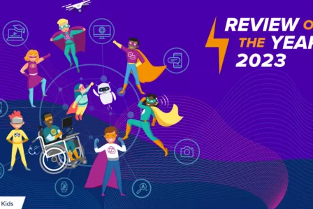 Visual identity of Safer Internet Forum 2023 with superheroes, and the writing "Better Internet for Kids review of the year 2023"