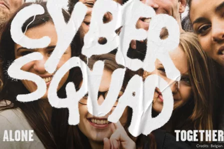 Youngsters smiling in the background, in the foreground the writing "CyberSquad"