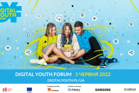 Official graphic design of the Digital Youth Forum 2022 featuring three young people looking at a colourful smartphone