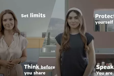 Cover of the campaign featuring two popular Greek actresses and key messages "Set limits", "Think before you share", "Protect yourself", "Speak, you are not alone".