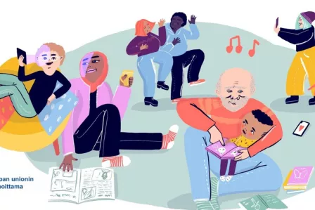 Family members holding books between children , parents and granparents