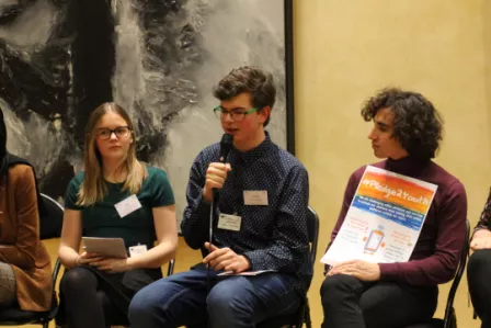 Matěj  on stage at the event with other BIK Youth Ambassadors