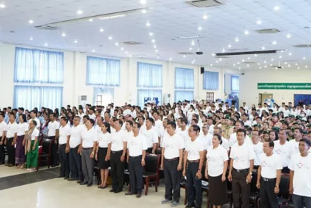Group photo of people who attended the Safer Internet Day event in Cambodia, standing in a conference hall