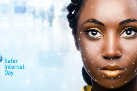 Close up pf a woman's face being mapped by AI
