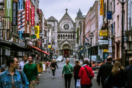 View of Dublin, Ireland on a street crowded with people
