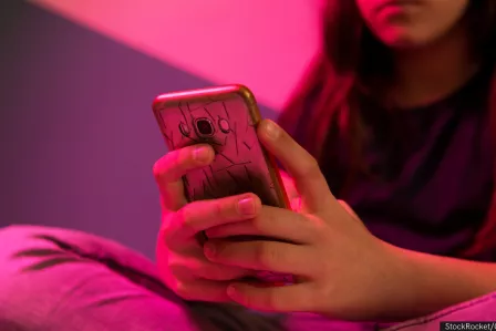 A female teenager watching her phone under a pink light.