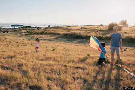Father and son with a kite in a grass meadow