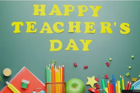 The writing "Happy Teacher's Day" is surrounded by stationery and teacher's supplies
