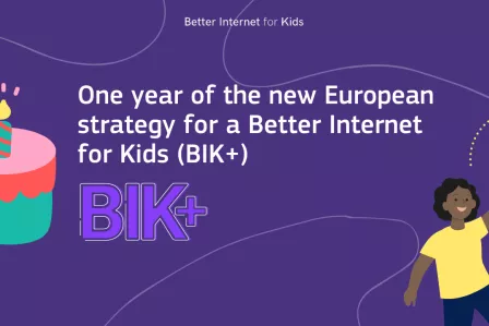 The writing "BIK+" is below the icon of a birthday cake with one candle, on a purple background