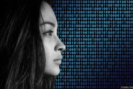 A woman's right profile and pieces of binary code in the background