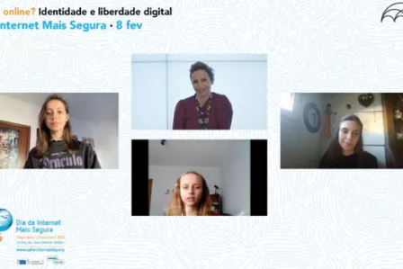 Screenshot of the webinar about digital identity, featuring four speakers, the Safer Internet Day logo and the Internet Segura logo