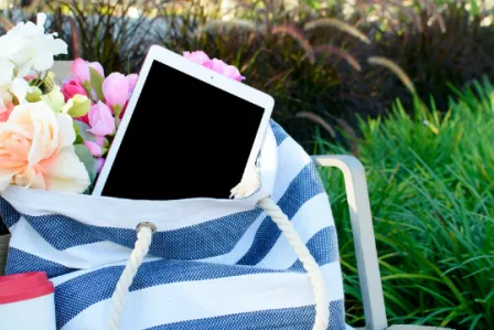 Tablet in a bag on a park bench