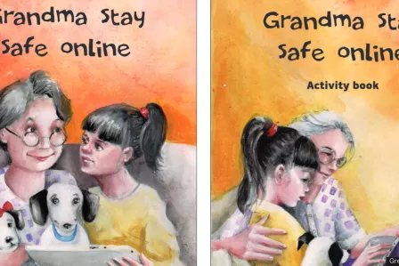 Cover images of the fairy tale booklet, featuring a grandma, her niece, a dog and a tablet.