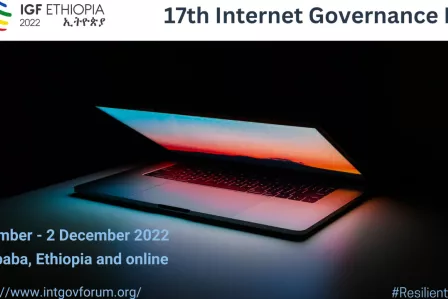 Cover picture of Internet Governance Forum 2022 featuring a laptop and text details on the event.