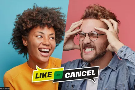 Official graphic design of the Dutch Media Literacy Week featuring a cheerful young woman and a distressed young man on the opposite sides, and the text "Like and cancel"