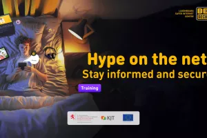 on the left dennis, the main character is on his bed and on the right we can see the title of the trainings Hype on the net, stay informed and secure!