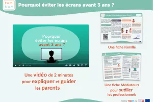 Image with green background and a child in front of screen. Text says, "Why avoid screens before age 3?"