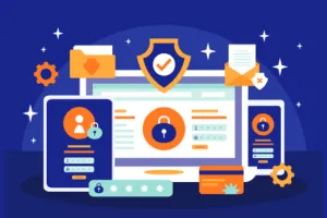 It features a blue background with digital-themed graphics, including a computer screen, a padlock, user icons, and shield symbols representing cybersecurity. 