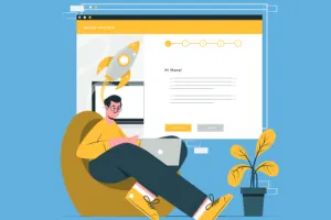  Cover page of the educational workbook "Think Before You Trust Online". It features a child sitting on a beanbag, using a laptop, with a large browser window on the screen and a rocket icon, symbolizing online exploration. The background is blue, and there's a European Union logo at the bottom.
