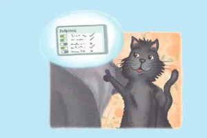 The poster features a smiling black cat pointing to a settings screen, with a light blue background.