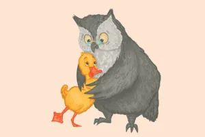 The illustration shows an owl hugging a duckling, symbolizing safety and care.