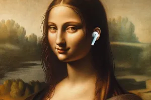 Painting resembling Leonardo Da Vinci's Mona Lisa, but with an in-ear headphone in her left ear.