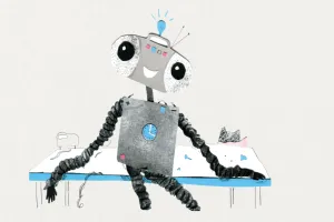 The image shows a friendly, cartoon-style robot