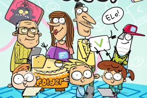 A colorful educational poster for children titled “Trash in the Net”. It shows cartoon characters, including kids, parents, grandparents, and two mascots named File and Folder. They are holding laptops, tablets, and phones, surrounded by internet icons like locks, chat bubbles, and Wi-Fi signals. The poster promotes safe and responsible use of the internet.