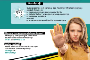 The A2 poster has a light background with strong, high-contrast text. Its main message is: “Don’t hate – hate is violence. You are responsible for your actions online and offline.” It explains that hate is not just a different opinion but an act of hurting others through insults, ridicule, and exclusion. The poster also reminds about legal consequences of cyberbullying and provides information on free helplines (116 111 and 800 12 12 12) and online chats for anonymous support.