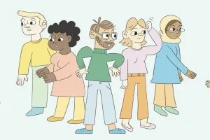 Graphic illustration featuring confused parents and caregivers looking around