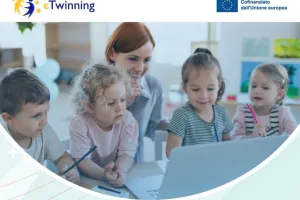 Leaflet showing an adult educator and four small children in front of a laptop screen