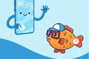 A happy phone and a smiling orange fish called "Time - fish"