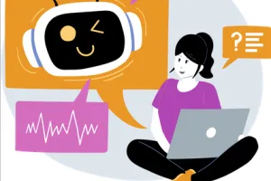 The image shows a child sitting with a laptop, next to a friendly robot with a screen face and dialogue icons, symbolizing learning about artificial intelligence.