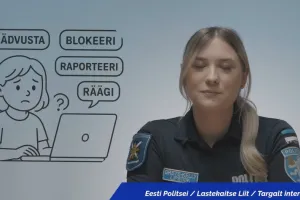 The picture shows a young woman in a police uniform, with an image of a child and the words capture, block, report and speak in the background. At the bottom right are the text: Estonian Police, Estonian Union for Child Welfare, Smartly on the Web and the logo of the Estonian Union for Child Welfare.