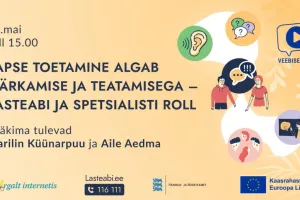 The beige background has various icons and the webinar title "Smartly on the Web: Supporting a child begins with noticing and reporting – the role of child welfare and specialists", date May 15th, and time 3:00 PM.