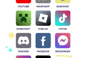 The image shows icons of the most popular social media and gaming apps: YouTube, Whatsapp, Snapchat, Minecraft, Roblox, TikTok, Discord, Facebook, Messenger and Instagram.